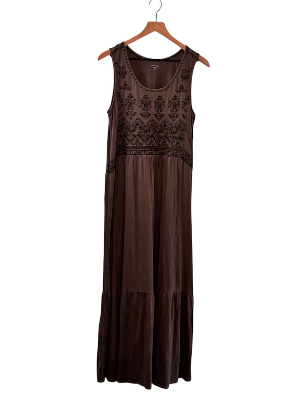 Garnet Hill Sleeveless Taupe Ash Brown Embroidered Maxi Dress